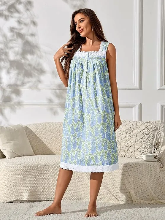 Richie House Women's Cotton Sleeveless Floral Sleepwear Dress Nightwear RHW4090