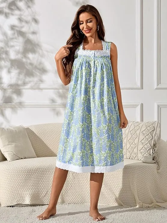 Richie House Women's Cotton Sleeveless Floral Sleepwear Dress Nightwear RHW4090