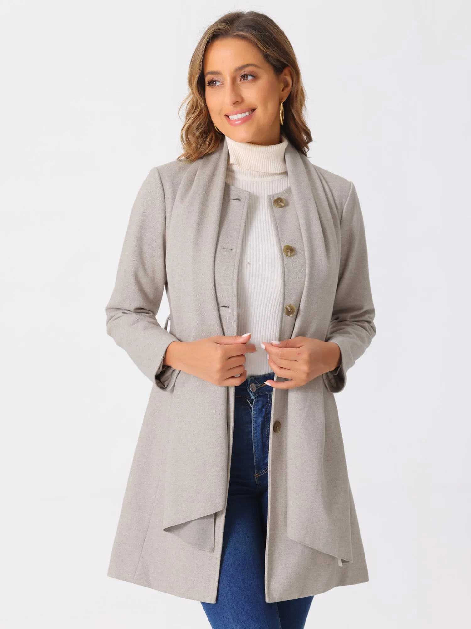 Round Neck Button Down Belted Casual Scarf Coat