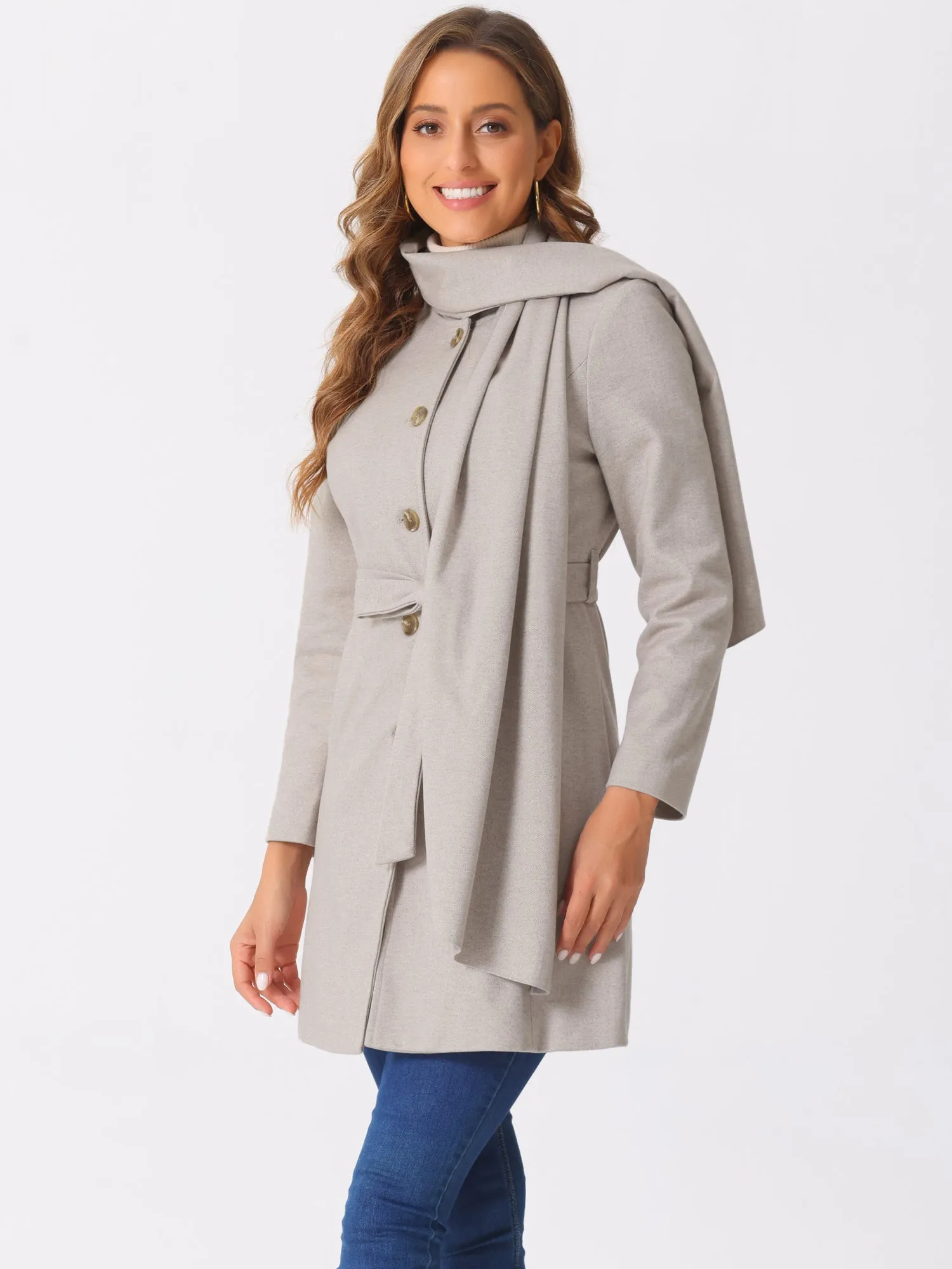 Round Neck Button Down Belted Casual Scarf Coat