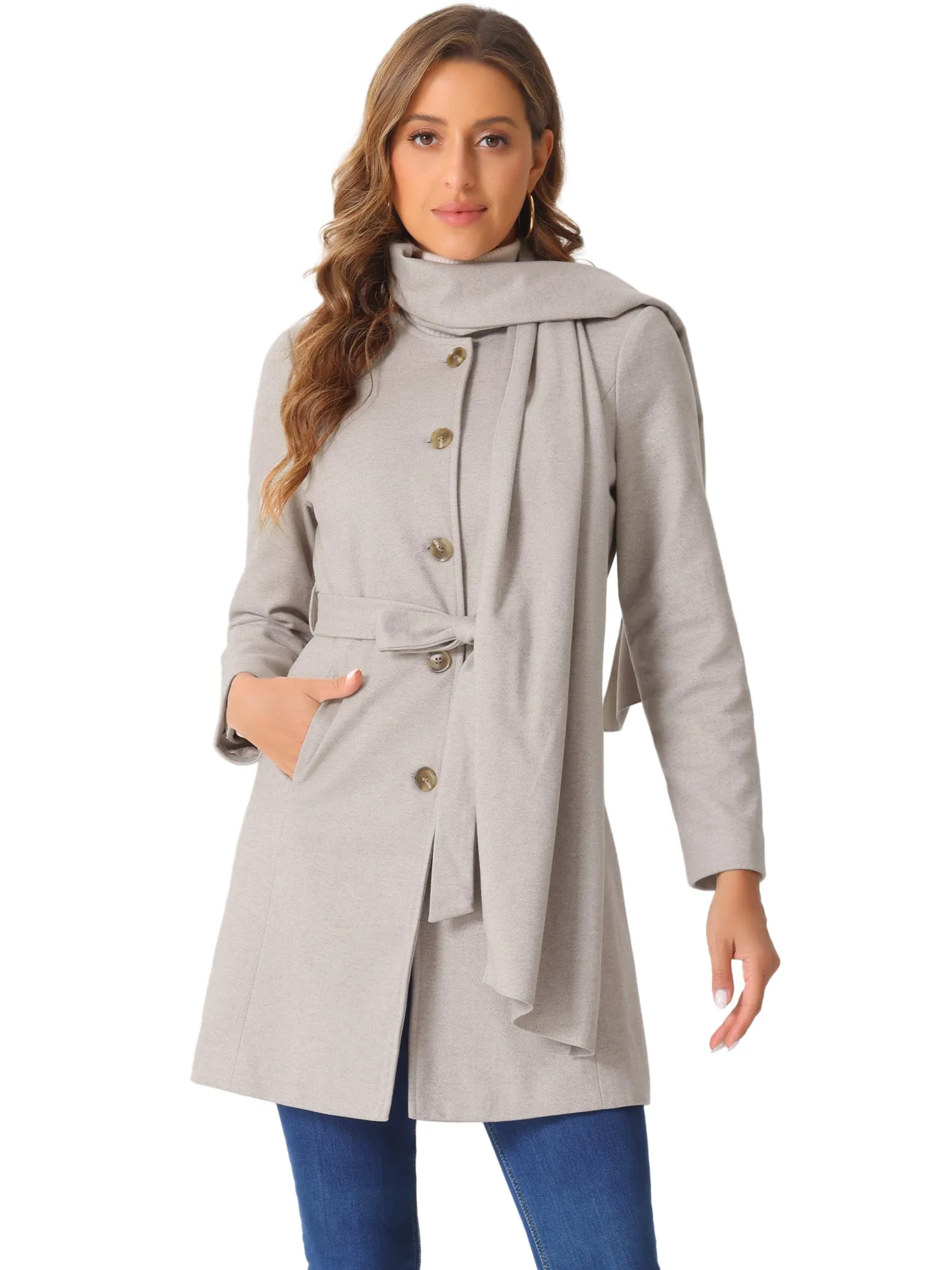 Round Neck Button Down Belted Casual Scarf Coat