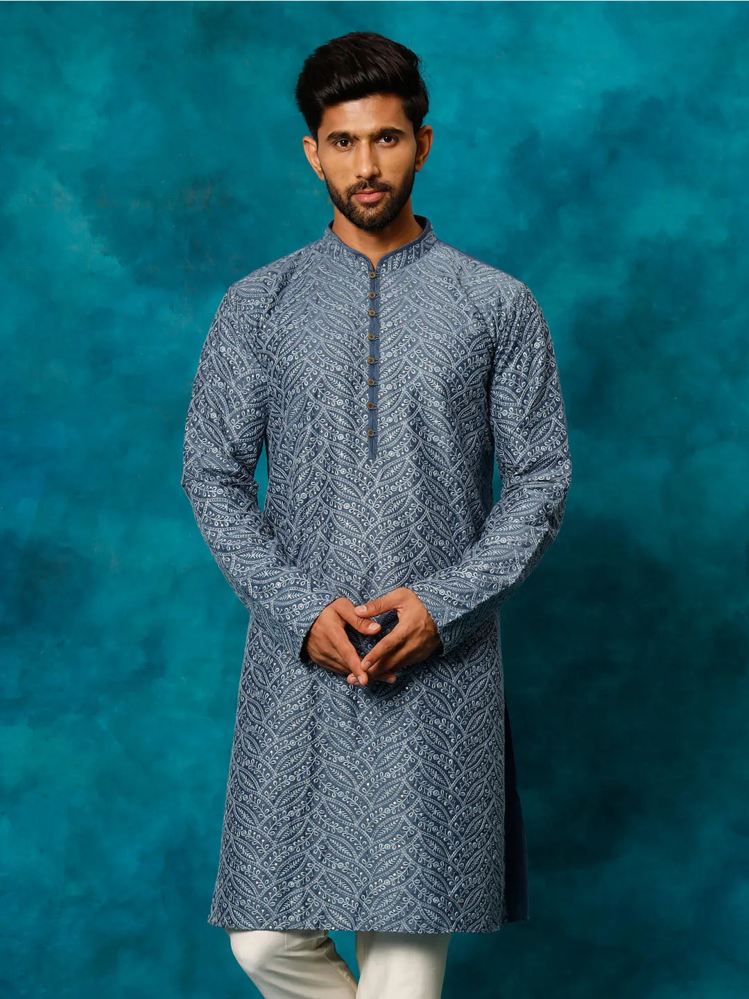 SHRESTHA BY VASTRAMAY Men's Grey Cotton Schiflli Kurta