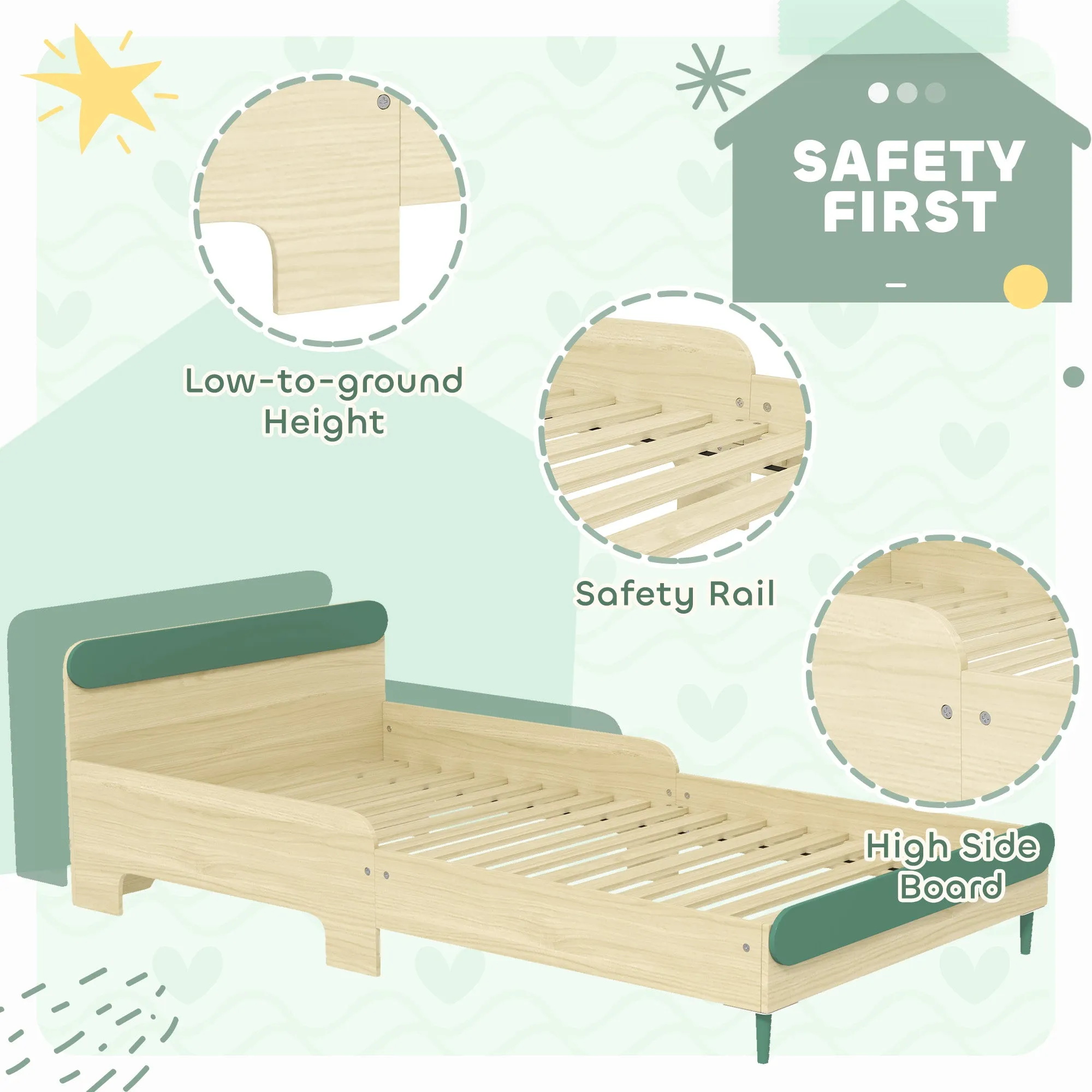 Toddler Bed, Kids Bed w/ Safety Rail, 195 x 103 x 60.5cm, Green