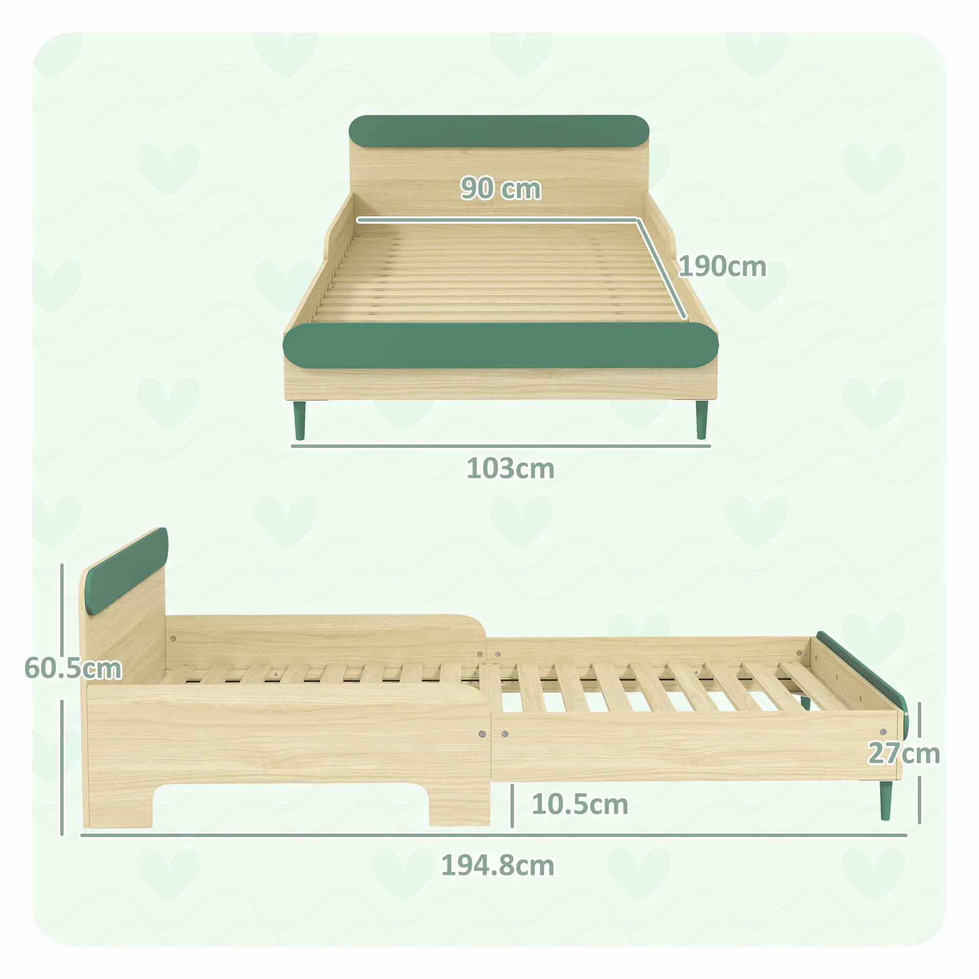 Toddler Bed, Kids Bed w/ Safety Rail, 195 x 103 x 60.5cm, Green