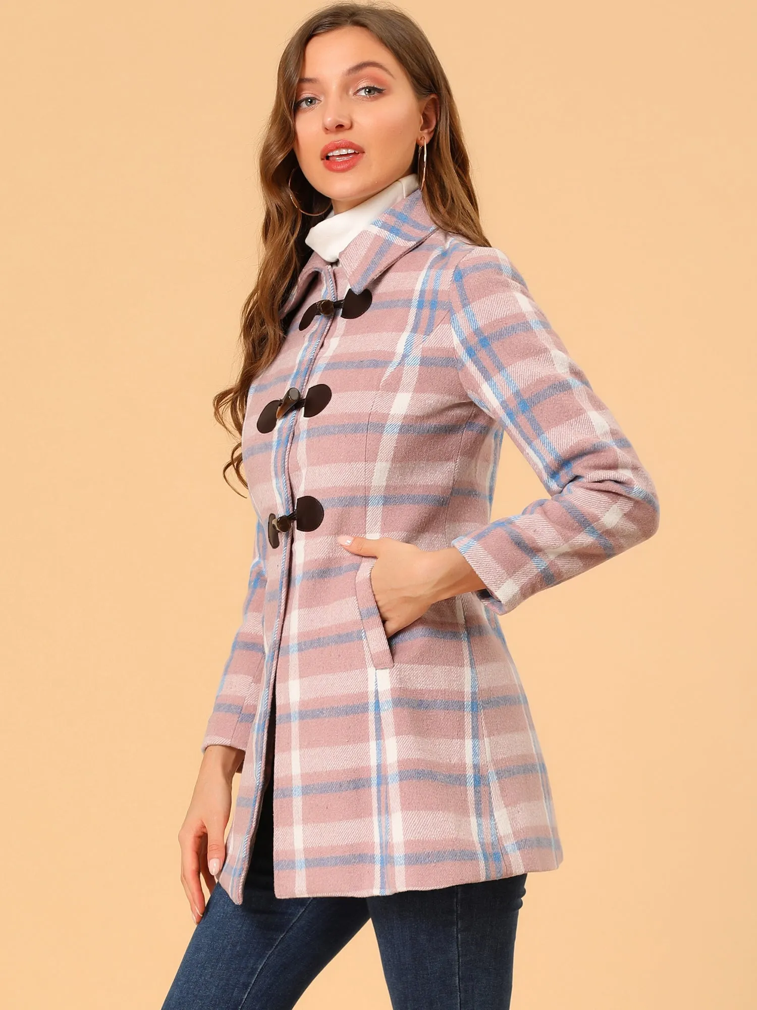 Toggle Outerwear Turn Down Collar Winter Plaid Duffle Coat