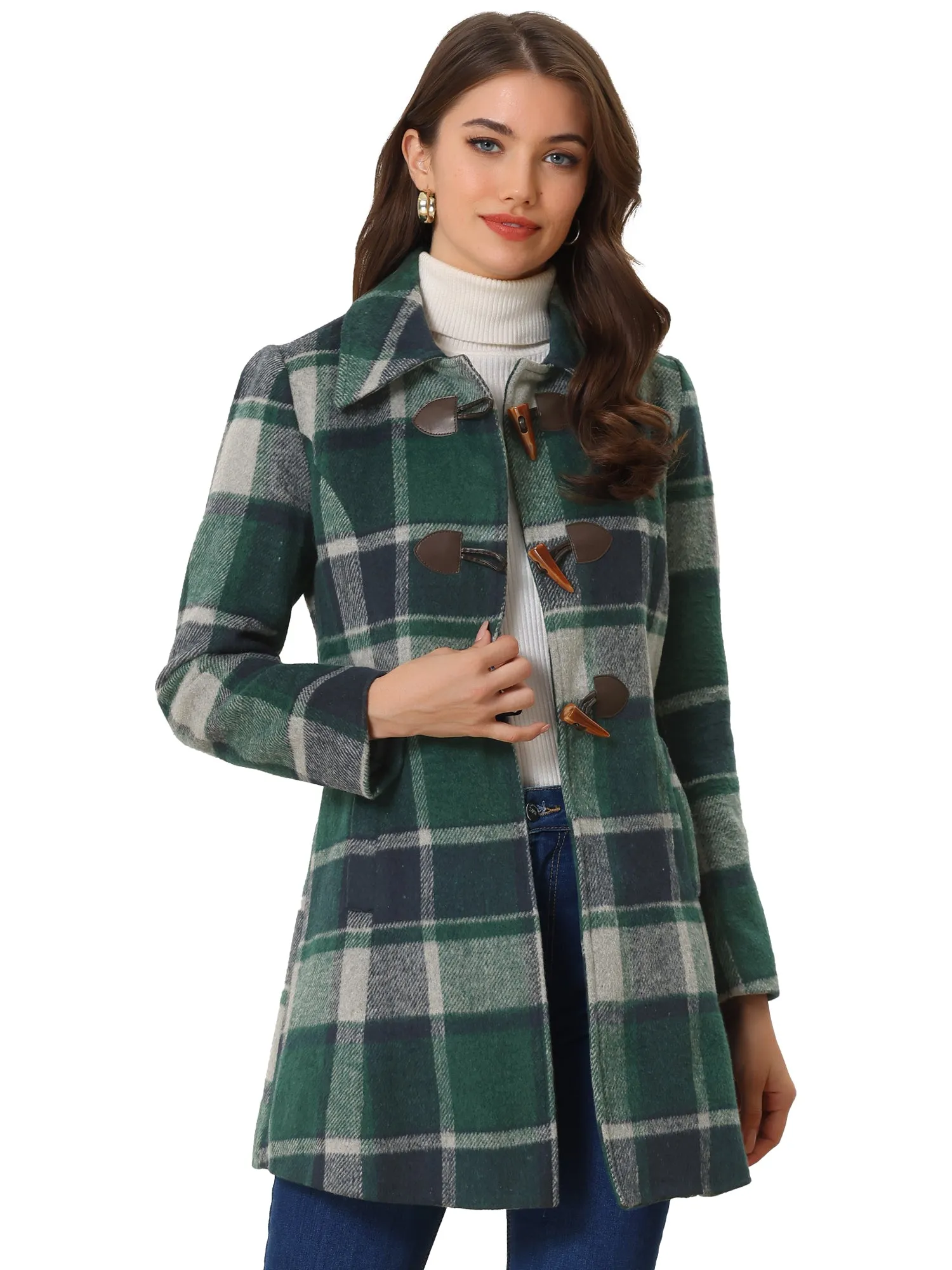 Toggle Outerwear Turn Down Collar Winter Plaid Duffle Coat