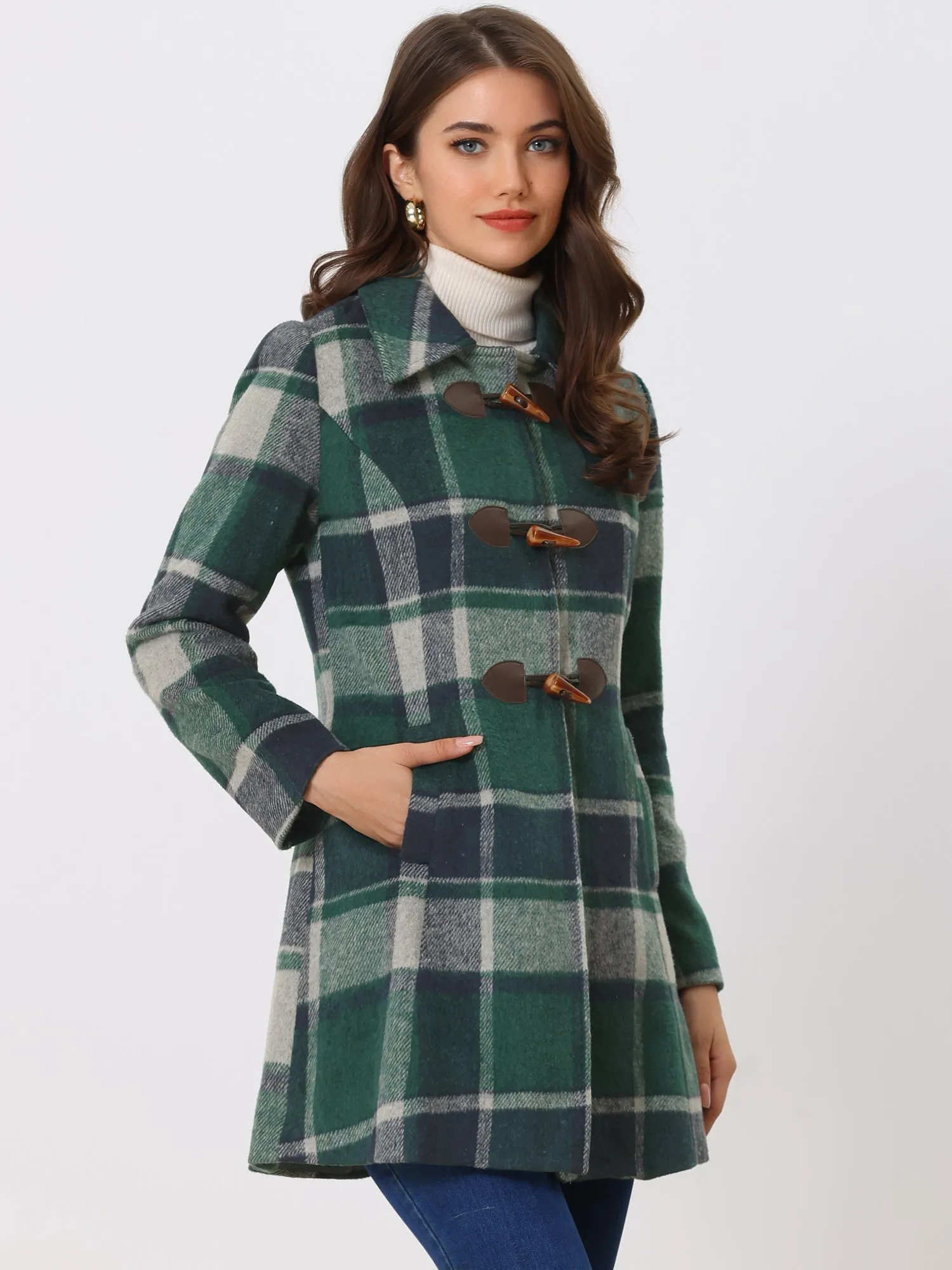 Toggle Outerwear Turn Down Collar Winter Plaid Duffle Coat