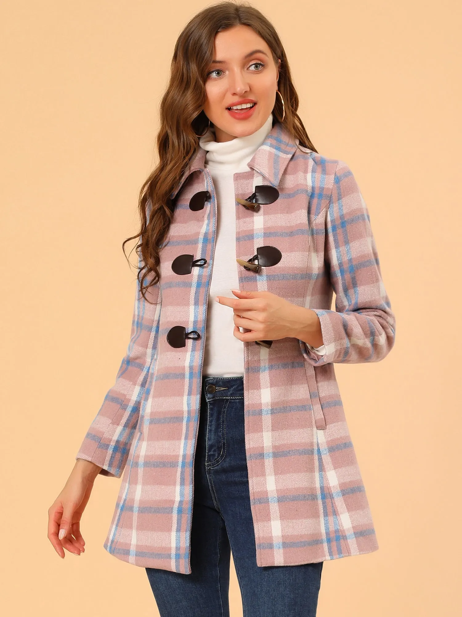 Toggle Outerwear Turn Down Collar Winter Plaid Duffle Coat