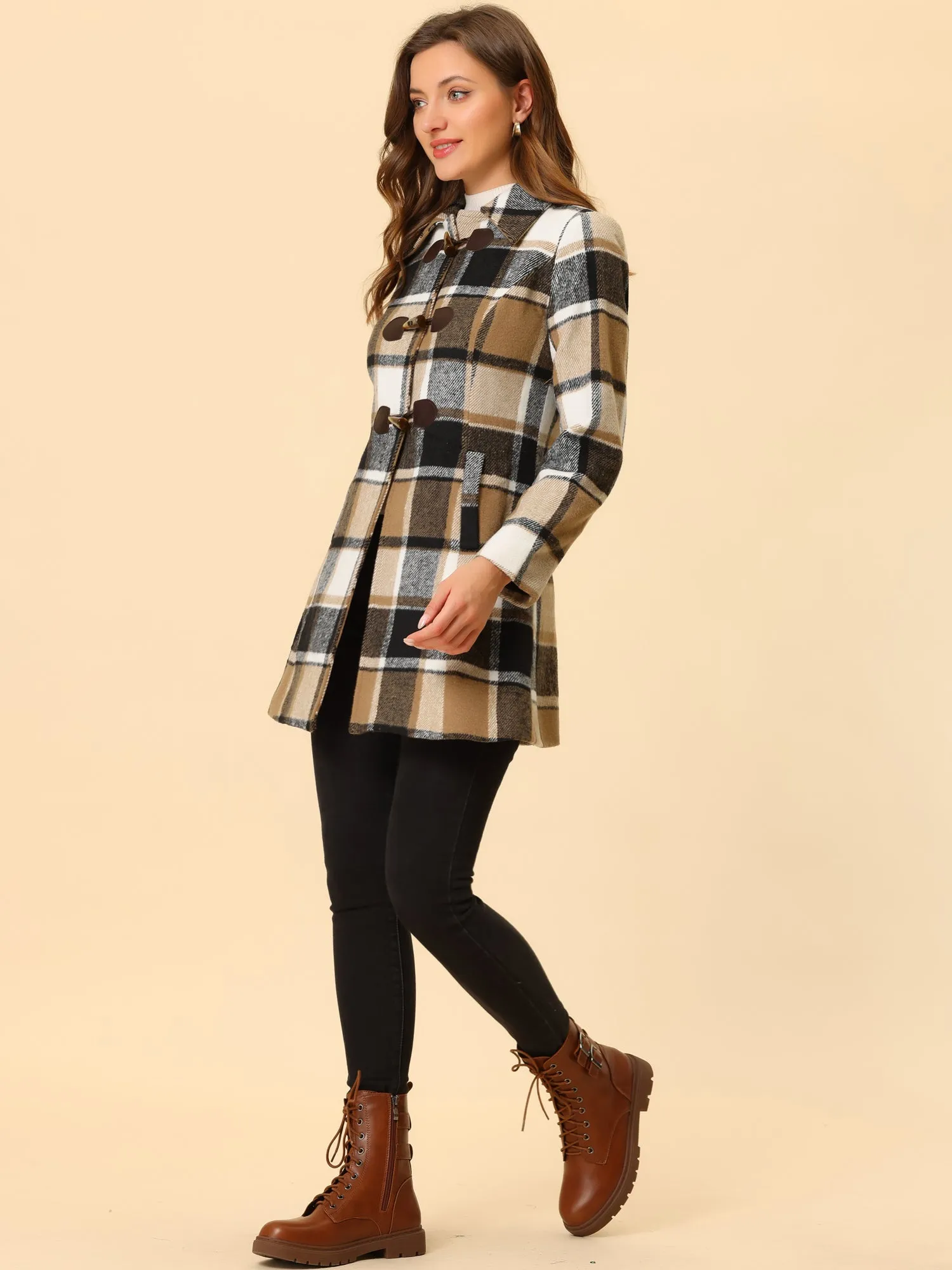 Toggle Outerwear Turn Down Collar Winter Plaid Duffle Coat