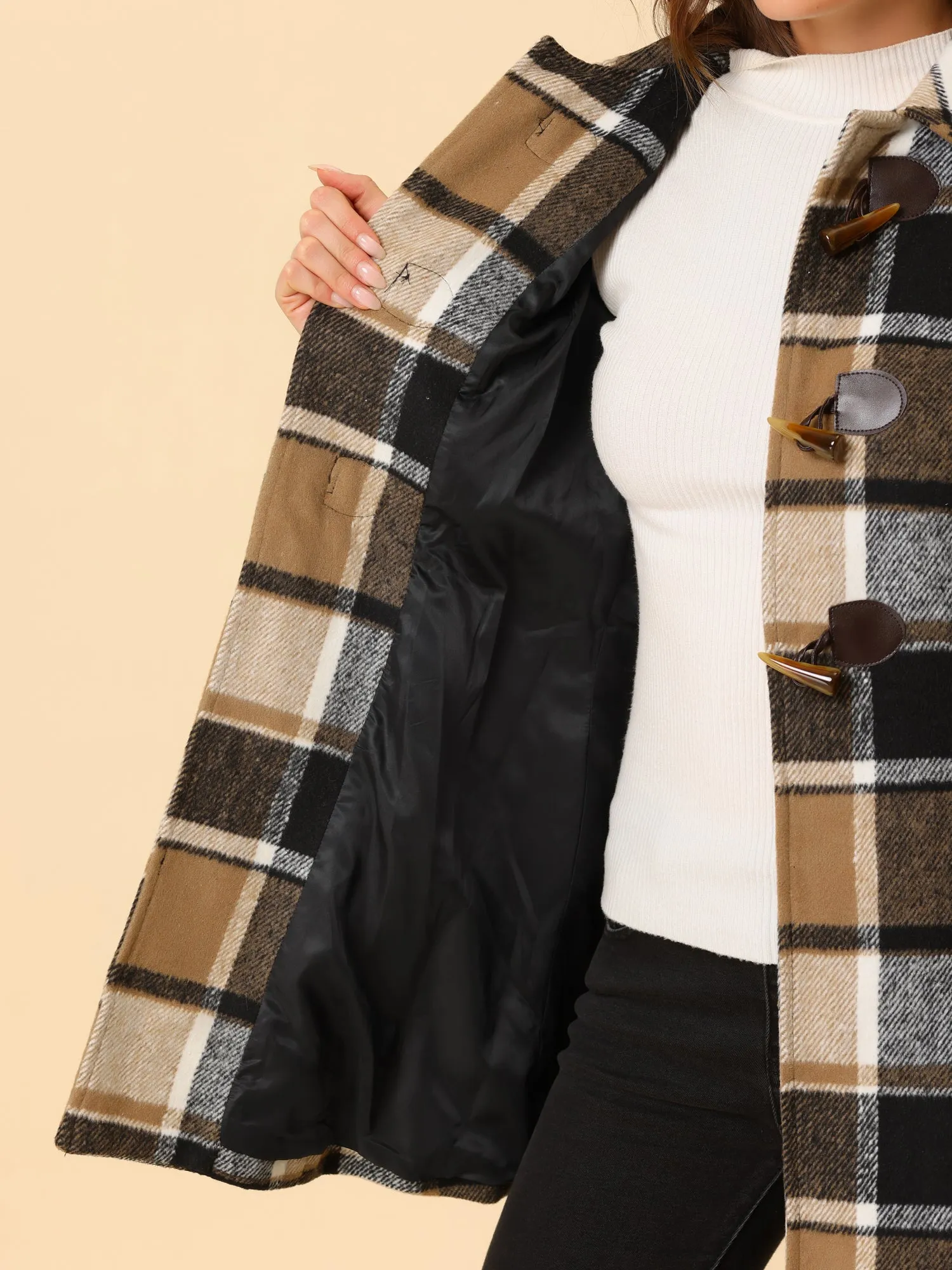 Toggle Outerwear Turn Down Collar Winter Plaid Duffle Coat