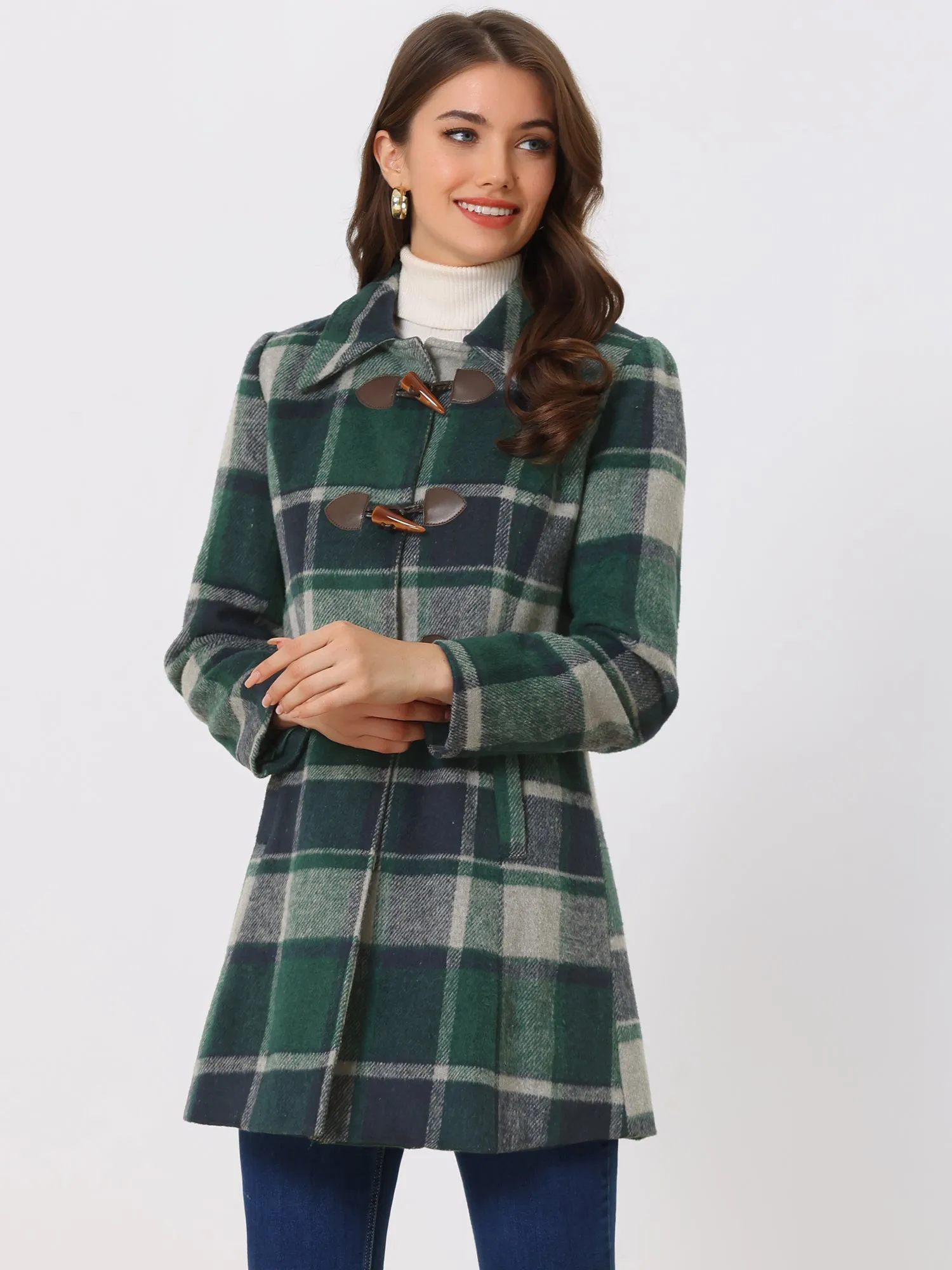 Toggle Outerwear Turn Down Collar Winter Plaid Duffle Coat