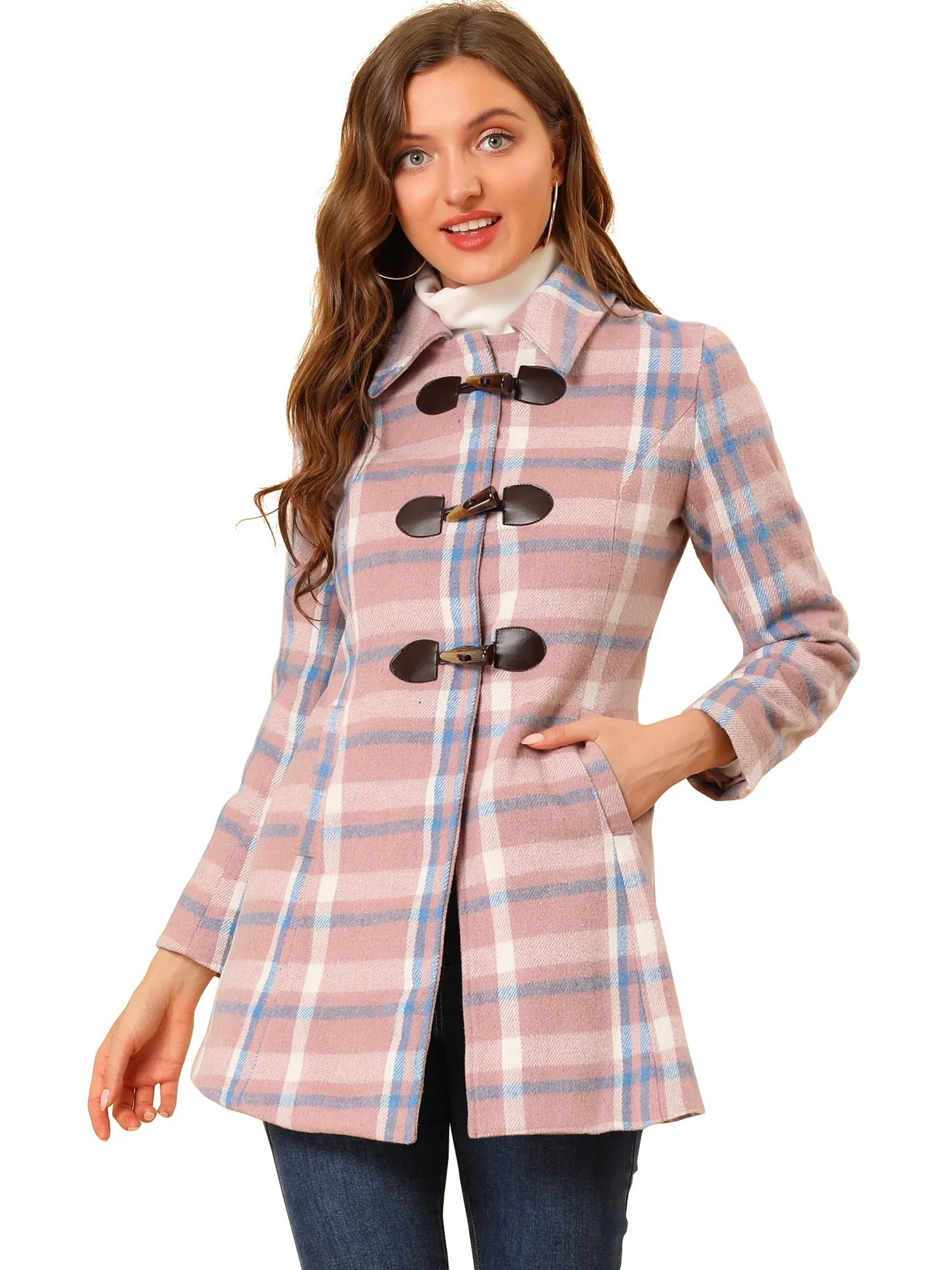 Toggle Outerwear Turn Down Collar Winter Plaid Duffle Coat