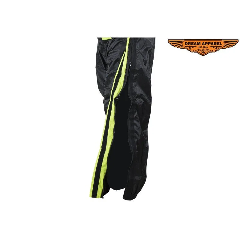 Two-Piece Black & Fluorescent Rain Suit With Zippered Side Seams