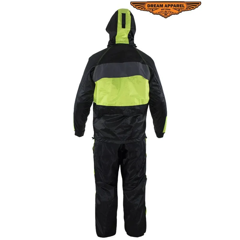 Two-Piece Black & Fluorescent Rain Suit With Zippered Side Seams