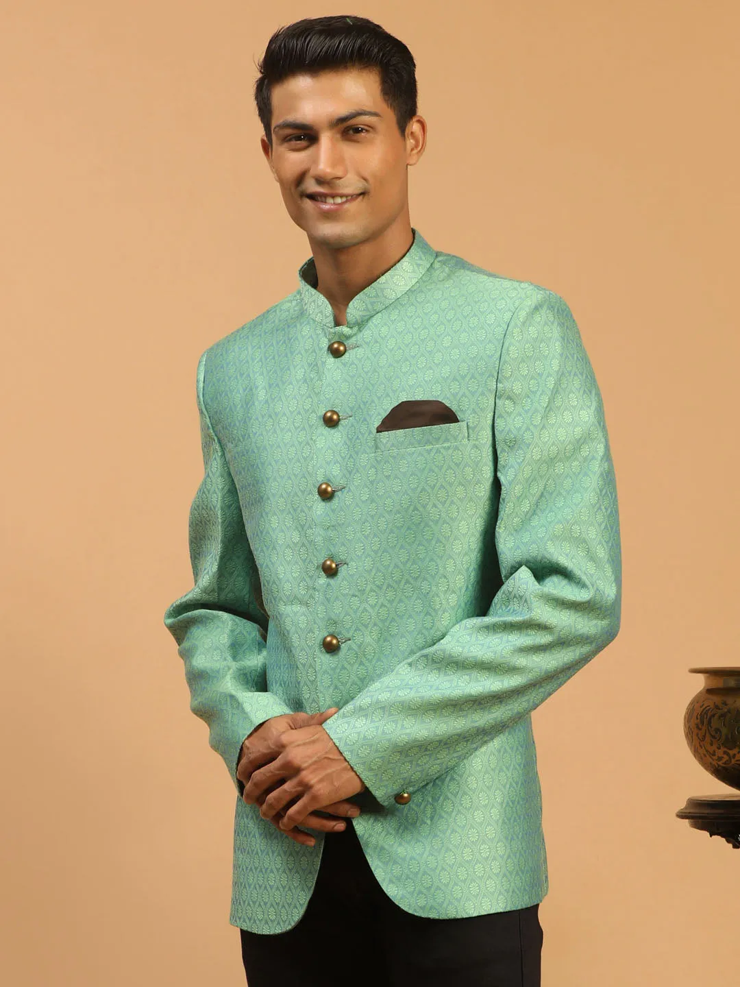 VASTRAMAY Men's Green Silk Blend Woven Jodhpuri