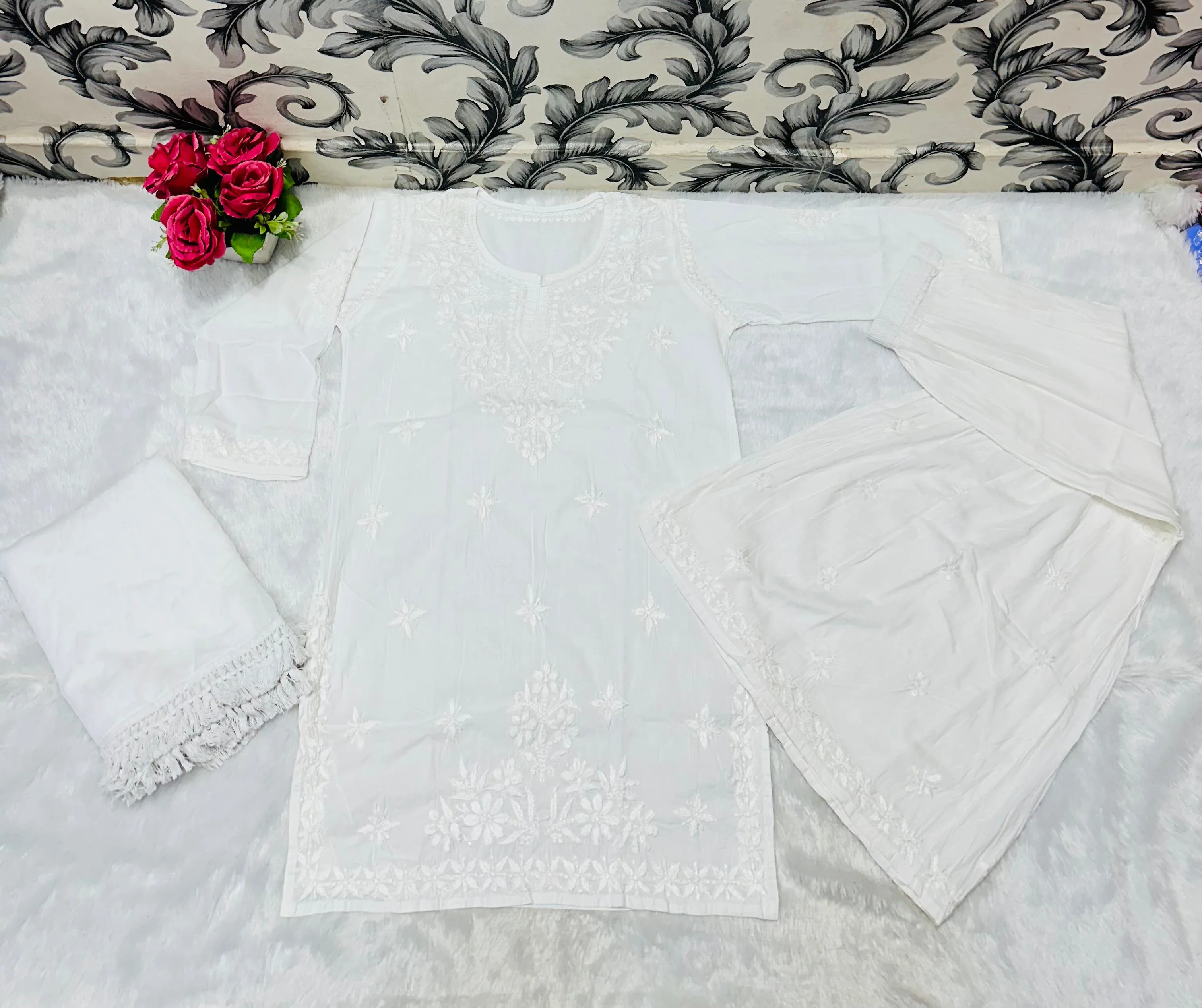 White Beautiful Lucknow Chikankari Work Ombre Dye Short Kurti, Garara & Dupatta Sets