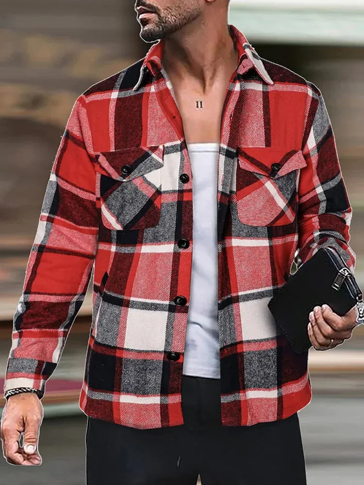 WIAOFELLAS  -  Autumn Winter Plaid Printed Men's Coats Turn-Down Collar Daily Style Loungewear Jacket Long Sleeve Cardigan Outerwear Streetwear