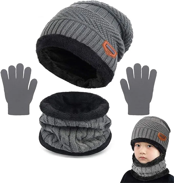 Yutdeng Warm Scarf Hat and Gloves Set for Boys Girls Winter Knitted Beanie Hat Fleece Lined Circle Scarf Kids Soft Thermal Neck Skiing 2-8 Years Old