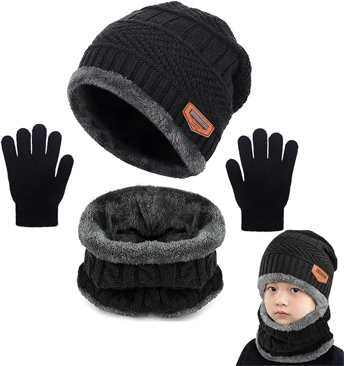 Yutdeng Warm Scarf Hat and Gloves Set for Boys Girls Winter Knitted Beanie Hat Fleece Lined Circle Scarf Kids Soft Thermal Neck Skiing 2-8 Years Old